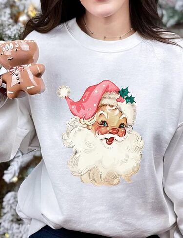Christmas Sweatshirt for Women Novelty Pink Santa Xmas Graphic Long Sleeve Pullover Tops in Saudi Arabia