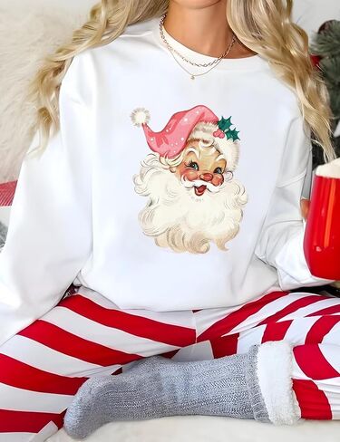 Christmas Sweatshirt for Women Novelty Pink Santa Xmas Graphic Long Sleeve Pullover Tops in Saudi Arabia
