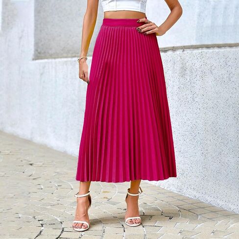 2025 Skirt for Women Solid Color Midi Long Shirring Pleated Skirts Fall Casual High Waisted A Line Skirts in Saudi Arabia