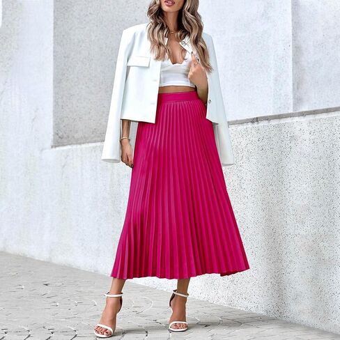2025 Skirt for Women Solid Color Midi Long Shirring Pleated Skirts Fall Casual High Waisted A Line Skirts in Saudi Arabia