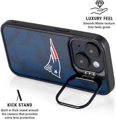 حافظة هاتف Skinit Kickstand متوافقة مع iPhone 15 - تصميم أسود وأبيض مرخص رسميًا من NFL New England Patriots in Saudi Arabia