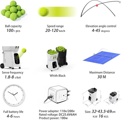 Smart Tennis Ball Machine - Auto Serve with APP/Remote/iWatch Control, 120km/h, 28 Landing Points, 4-6H Battery for Training/Coaching in Saudi Arabia