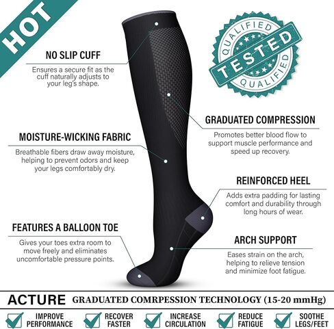 Acture 6 Pack Compression Socks for Women and Men - Knee High for Medical, Running, Nurses, Travel in Kuwait