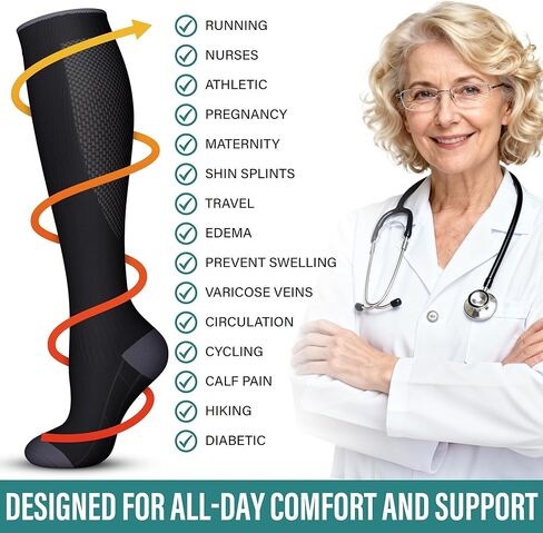 Acture 6 Pack Compression Socks for Women and Men - Knee High for Medical, Running, Nurses, Travel in Kuwait