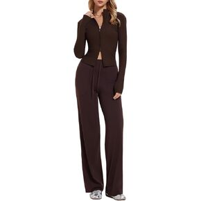 Women's 2 Piece Sets Double Zip Up Top Long Sleeve & Wide Leg Pant Lounge 2025 Fall Tracksuit Casual Sweatsuit Travel Outfit in Kuwait