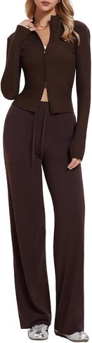 Women's 2 Piece Sets Double Zip Up Top Long Sleeve & Wide Leg Pant Lounge 2025 Fall Tracksuit Casual Sweatsuit Travel Outfit in Kuwait