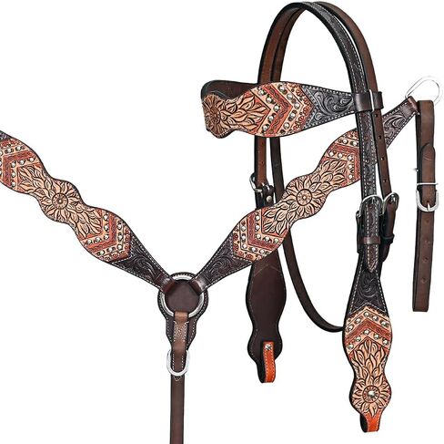 مجموعة طوق الثدي من HILASON Western Horse Floral Headstall من الجلد الأمريكي باللون البني | تك للخيول in Saudi Arabia