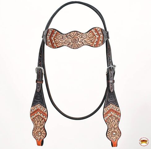 مجموعة طوق الثدي من HILASON Western Horse Floral Headstall من الجلد الأمريكي باللون البني | تك للخيول in Saudi Arabia
