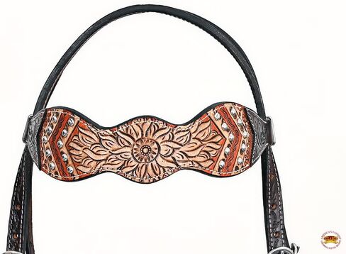 مجموعة طوق الثدي من HILASON Western Horse Floral Headstall من الجلد الأمريكي باللون البني | تك للخيول in Saudi Arabia