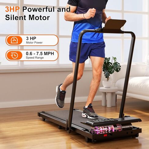 جهاز مشي MJWW مع شريط مقبض، جهاز مشي 3 في 1 قابل للطي للمساحات المنزلية الصغيرة، وسادة مشي محمولة تحت المكتب بقوة 3.0 حصان مع تطبيق، سعة 300 رطل in Kuwait