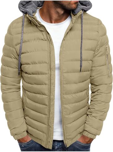 سترة منتفخة خفيفة الوزن للرجال مع غطاء محرك السيارة وسحاب أسفل سترة شتاء دافئ مبطن معطف كاجوال مبطن هوديي الستر in Kuwait