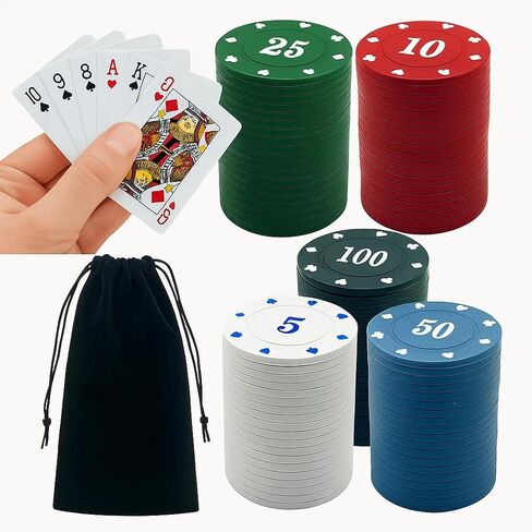 100 Pcs Plastic Poker Chips Set with Denominations, Includes Storage Bag & Mini Poker Deck - Professional Grade for Casino, Blackjack, Mahjong & Game Nights in Saudi Arabia