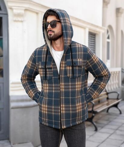 JACKETOWN Mens Flannel Hoodies Plaid Hoodies Winter Zip Up Fleece Jacket Sherpa Fleece Lined Warm Flannel Jacket Coat in Saudi Arabia