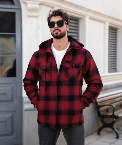 JACKETOWN Mens Flannel Hoodies Plaid Hoodies Winter Zip Up Fleece Jacket Sherpa Fleece Lined Warm Flannel Jacket Coat in Saudi Arabia