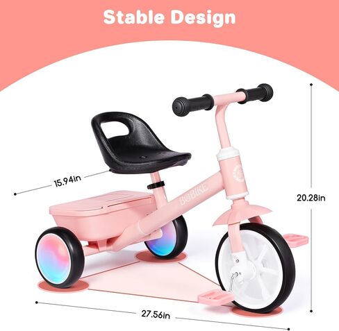 Bobike Toddler Tricycle for Ages 2-5 Years, Tricycle with 2 LED Light Wheels, Toddler Bike with 3-Position Seat and Rear Basket, Kids Bike Gift for Boys & Girl (Red) in Saudi Arabia