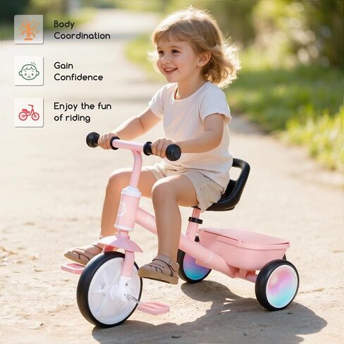 Bobike Toddler Tricycle for Ages 2-5 Years, Tricycle with 2 LED Light Wheels, Toddler Bike with 3-Position Seat and Rear Basket, Kids Bike Gift for Boys & Girl (Red) in Saudi Arabia