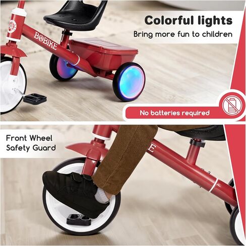 Bobike Toddler Tricycle for Ages 2-5 Years, Tricycle with 2 LED Light Wheels, Toddler Bike with 3-Position Seat and Rear Basket, Kids Bike Gift for Boys & Girl (Red) in Saudi Arabia