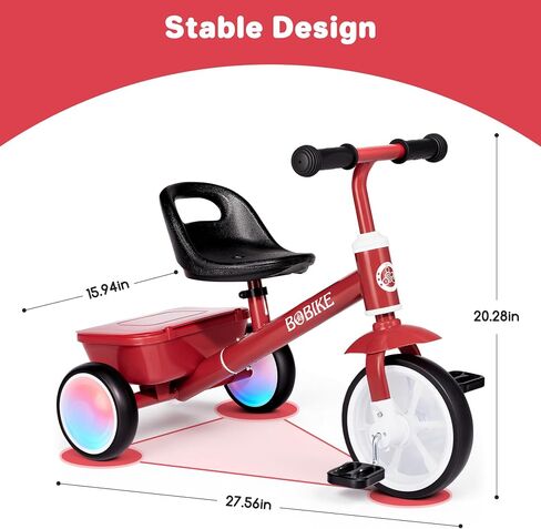 Bobike Toddler Tricycle for Ages 2-5 Years, Tricycle with 2 LED Light Wheels, Toddler Bike with 3-Position Seat and Rear Basket, Kids Bike Gift for Boys & Girl (Red) in Saudi Arabia