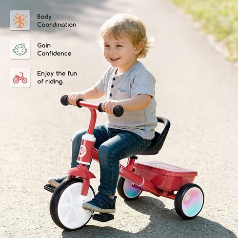 Bobike Toddler Tricycle for Ages 2-5 Years, Tricycle with 2 LED Light Wheels, Toddler Bike with 3-Position Seat and Rear Basket, Kids Bike Gift for Boys & Girl (Red) in Saudi Arabia