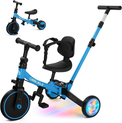5-in-1 Tricycle for Toddlers 1-3, Convertible Toddler Bike with Push Handle & Removable Pedals, Balance Bike with Colorful Lighting Wheels, Adjustable Seat Height with Backrest (Black) in Saudi Arabia