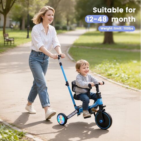 5-in-1 Tricycle for Toddlers 1-3, Convertible Toddler Bike with Push Handle & Removable Pedals, Balance Bike with Colorful Lighting Wheels, Adjustable Seat Height with Backrest (Black) in Saudi Arabia