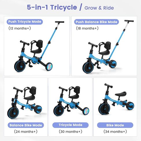 5-in-1 Tricycle for Toddlers 1-3, Convertible Toddler Bike with Push Handle & Removable Pedals, Balance Bike with Colorful Lighting Wheels, Adjustable Seat Height with Backrest (Black) in Saudi Arabia