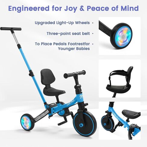5-in-1 Tricycle for Toddlers 1-3, Convertible Toddler Bike with Push Handle & Removable Pedals, Balance Bike with Colorful Lighting Wheels, Adjustable Seat Height with Backrest (Black) in Saudi Arabia