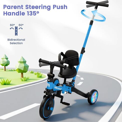 5-in-1 Tricycle for Toddlers 1-3, Convertible Toddler Bike with Push Handle & Removable Pedals, Balance Bike with Colorful Lighting Wheels, Adjustable Seat Height with Backrest (Black) in Saudi Arabia