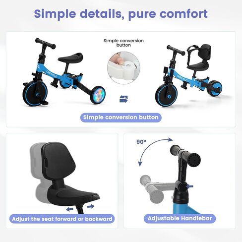 5-in-1 Tricycle for Toddlers 1-3, Convertible Toddler Bike with Push Handle & Removable Pedals, Balance Bike with Colorful Lighting Wheels, Adjustable Seat Height with Backrest (Black) in Saudi Arabia