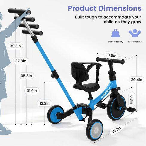 5-in-1 Tricycle for Toddlers 1-3, Convertible Toddler Bike with Push Handle & Removable Pedals, Balance Bike with Colorful Lighting Wheels, Adjustable Seat Height with Backrest (Black) in Saudi Arabia