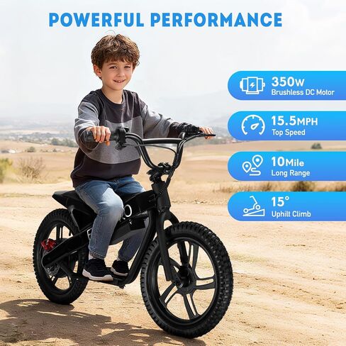 Kids Electric Bike, 350W Motor, 15.5 MPH, 36V 5.2Ah, 10 Miles, 16" Tires, Dual Braking System, Suitable for Riders Aged 6 and Above, Youth Off-Road Electric Bicycle in Saudi Arabia