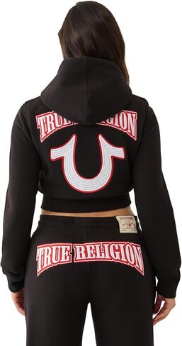 سترة بغطاء للرأس بسحاب منكمشة مطرزة للنساء من True Religion - سويت شيرت قصير بسحاب كامل مع خياطة الشعار in Saudi Arabia