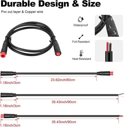 Ebike 2 Pin M5 Extension Cable Red Connector – 24in Male-to-Female & 35in Single-End Wire, Waterproof Plug & Play Julet Style Cord for Lights, Brakes and Throttles, 2PCS Pack (Male to Female – 24in) in Saudi Arabia