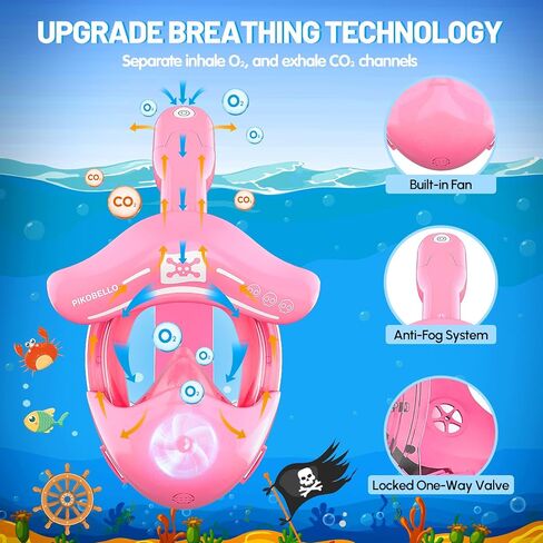 Full Face Snorkel Mask for Kids, 180° Panoramic View, Anti-Fog Anti-Leak, Patented Airflow System with Fan for Clear Breathing, Foldable Dry Top Snorkeling Gear for Kids in Saudi Arabia