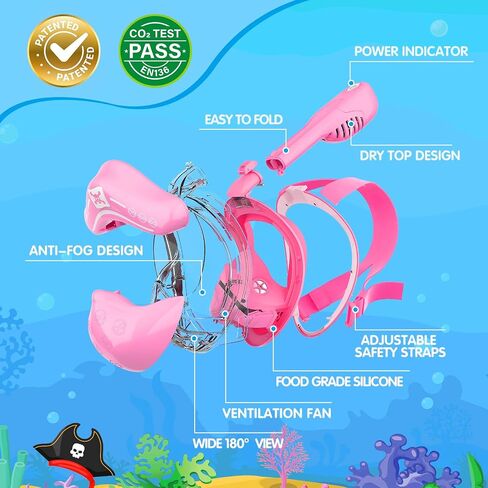 Full Face Snorkel Mask for Kids, 180° Panoramic View, Anti-Fog Anti-Leak, Patented Airflow System with Fan for Clear Breathing, Foldable Dry Top Snorkeling Gear for Kids in Saudi Arabia