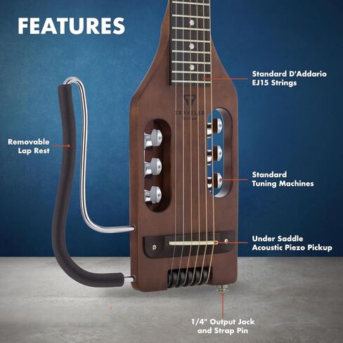 جيتار المسافر جيتار صوتي خفيف للغاية بني عتيق أعسر | صوتية محمولة مع مسند حضن قابل للإزالة | غيتار كامل بدون رأس بمقياس 24 3/4 بوصة | تتضمن حقيبة الحفلة المخصصة in Kuwait