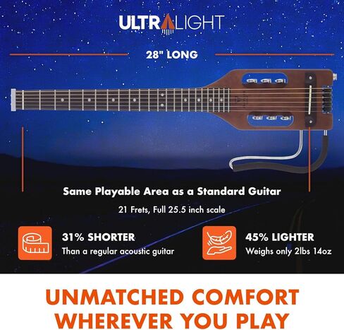 جيتار المسافر جيتار صوتي خفيف للغاية بني عتيق أعسر | صوتية محمولة مع مسند حضن قابل للإزالة | غيتار كامل بدون رأس بمقياس 24 3/4 بوصة | تتضمن حقيبة الحفلة المخصصة in Kuwait