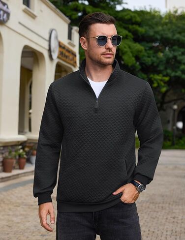 بلوفر Vssjavun رجالي بسحاب ربع سنوي مبطن بأكمام طويلة، بلوفر كاجوال بياقة واقفة مع جيوب in Kuwait