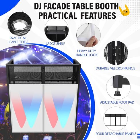 كشك واجهة DJ محمول، 42 بوصة طول × 46 بوصة ارتفاع × 21 بوصة عرض كشك حامل طاولة DJ مع سكريم أبيض وأسود، محطة طاولة DJ قابلة للطي مع أقدام قابلة للتعديل للحفلات، إطار معدني أسود in Saudi Arabia