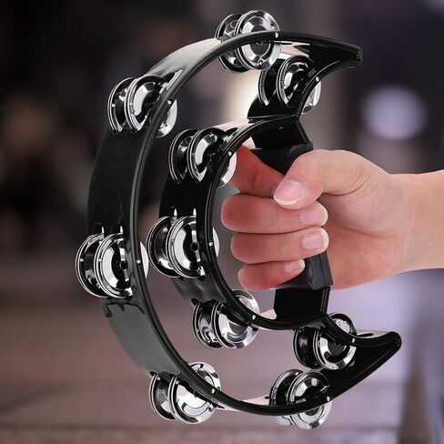 Hand Held Percussion, Double Jingles Tambourine, Double Row Metal Jingles Handbell Percussion Musical Instrument with Handle Grip for Adults, Church, KTV, Party (Black) in Saudi Arabia