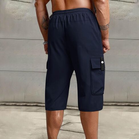 Mens Long Cargo Shorts Below Knee Work Shorts Big and Tall Tactical Shorts Summer Drawstring Casual Travel Shorts in Saudi Arabia