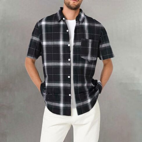 Short Sleeve Plaid Shirts for Men Button Down Lapel Flannel Tshirts Western Casual Office Business Dressy Blouses in Saudi Arabia
