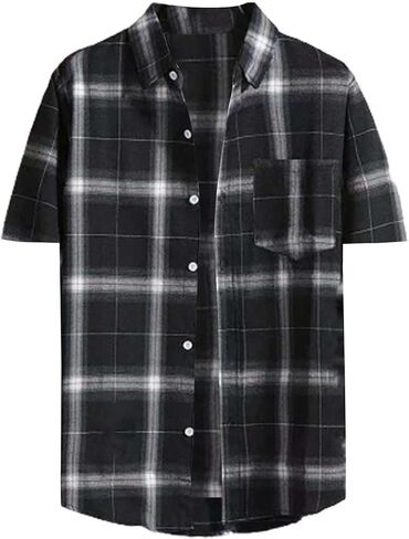 Short Sleeve Plaid Shirts for Men Button Down Lapel Flannel Tshirts Western Casual Office Business Dressy Blouses in Saudi Arabia