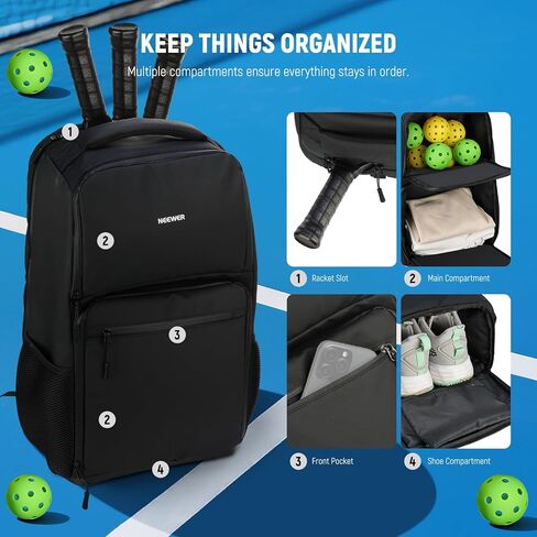 NEEWER Pickleball Bag for Men/Women, Holds 4-10 Paddles/6 Pickle Balls/Size 16 Shoes, Water Resistant Accessories Backpack with Shoe Compartment, Fence Hook, Side Pockets, Rubber Feet, PB01B in Saudi Arabia