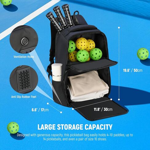NEEWER Pickleball Bag for Men/Women, Holds 4-10 Paddles/6 Pickle Balls/Size 16 Shoes, Water Resistant Accessories Backpack with Shoe Compartment, Fence Hook, Side Pockets, Rubber Feet, PB01B in Saudi Arabia