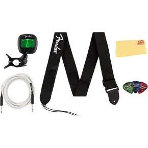 Fender Accessory Essentials Pack Bundle with Cable, Clip-On Tuner, Strap, 3-Pack Picks, and Austin Bazaar Polishing Cloth in Kuwait
