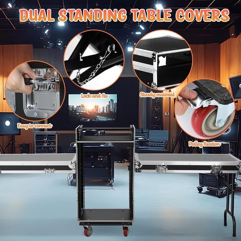 16U DJ Audio Rack with Top Mixer Workbench Sliding drawer Two Foldable DJ Workbench 4 Casters for Stage Performance and Equipment Storage in Saudi Arabia