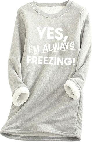 نعم، Im Always Freezing سويت شيرت نسائي مبطن بالصوف الشيربا بلوفر بياقة دائرية بلوفر خريفي وشتوي دافئ in Saudi Arabia