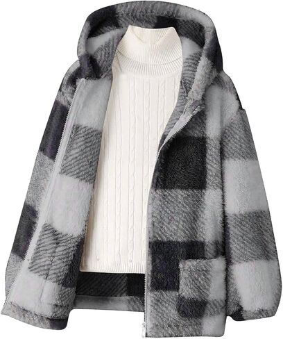 Boys Zip Up Jackets Fleece Hooded Thermal Jackets Zipper Sherpa Winter Sweatshirts Plaid Outerwear Coats With Pockets in Saudi Arabia