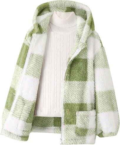Boys Zip Up Jackets Fleece Hooded Thermal Jackets Zipper Sherpa Winter Sweatshirts Plaid Outerwear Coats With Pockets in Saudi Arabia